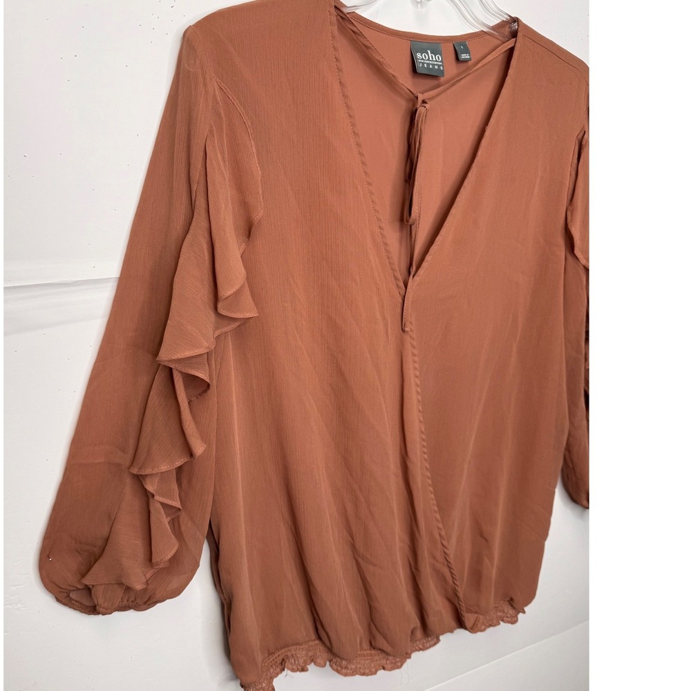 Soho NY & Co Blouse Sz L Rust Ruffle Sleeves Wrap Boho Chic Fall Business Casual - Picture 4 of 7